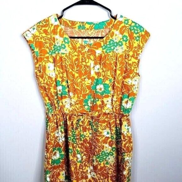 Vintage 1960s Orange Floral Print Sleeveless Dress With Belt Gathered Waist Wome - Picture 4 of 5